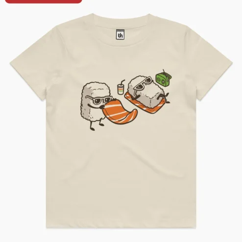 Sushi Surfing Cartoon Tee Kawaii Summer Beach Graphic Shirt for Men Women Gift