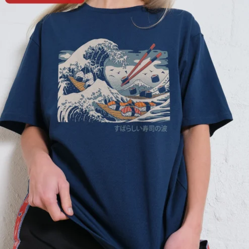 Sushi Wave Ukiyo-e Parody Graphic Tee Japanese Food Art Shirt for Sushi Lovers