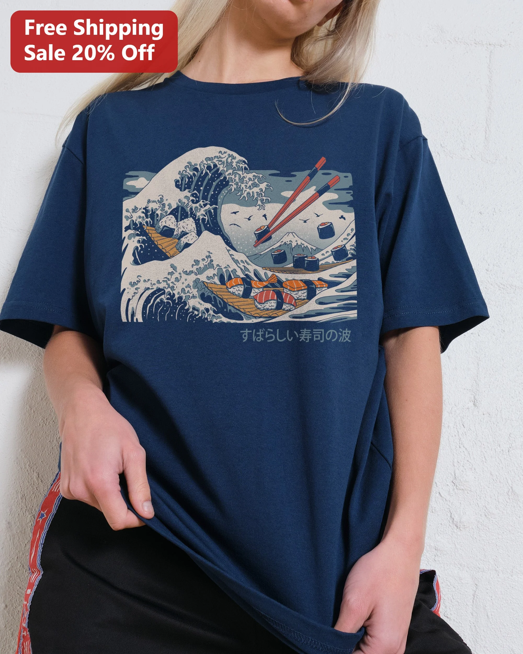 Sushi Wave Ukiyo-e Parody Graphic Tee Japanese Food Art Shirt for Sushi Lovers