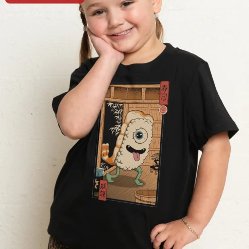 Sushi Yokai Monster Graphic Tee Japanese Traditional Art Kawaii Foodie Shirt for Kids and Adults