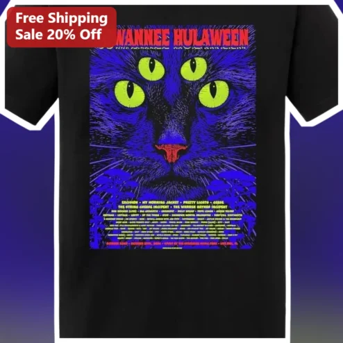 Suwannee Hulaween Tee Psychedelic Four-Eyed Cat Graphic T-Shirt for Music Festival Fans