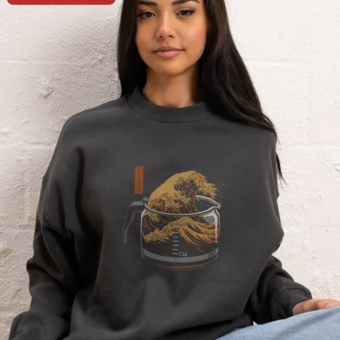 Sweatshirt Japanese Art Coffee Wave Design Hokusai Style Crewneck Gift for Coffee Lovers on a hanger, ready to ship from Chicago, Illinois