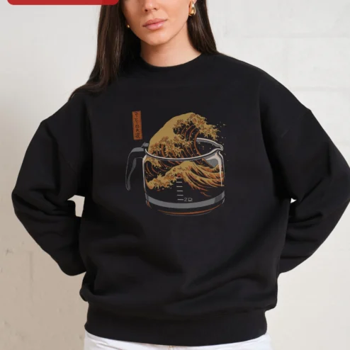 Customer in Chicago, Illinois wearing Sweatshirt Japanese Art Coffee Wave Design Hokusai Style Crewneck Gift for Coffee Lovers
