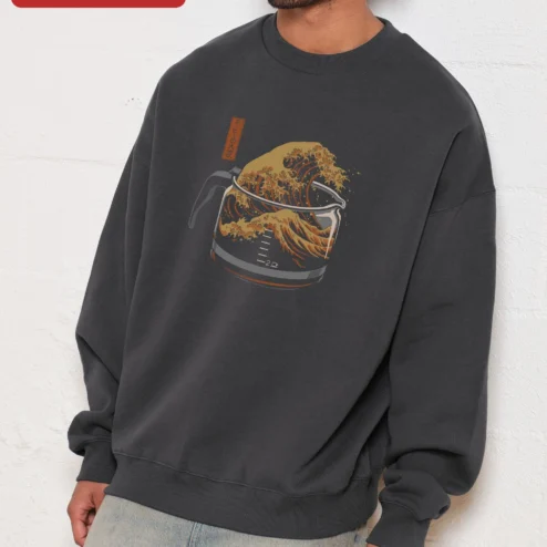 Close-up of Sweatshirt Japanese Art Coffee Wave Design Hokusai Style Crewneck Gift for Coffee Lovers for streetwear fans in Chicago, Illinois