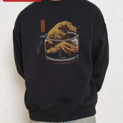 Sweatshirt Japanese Art Coffee Wave Design Hokusai Style Crewneck Gift for Coffee Lovers
