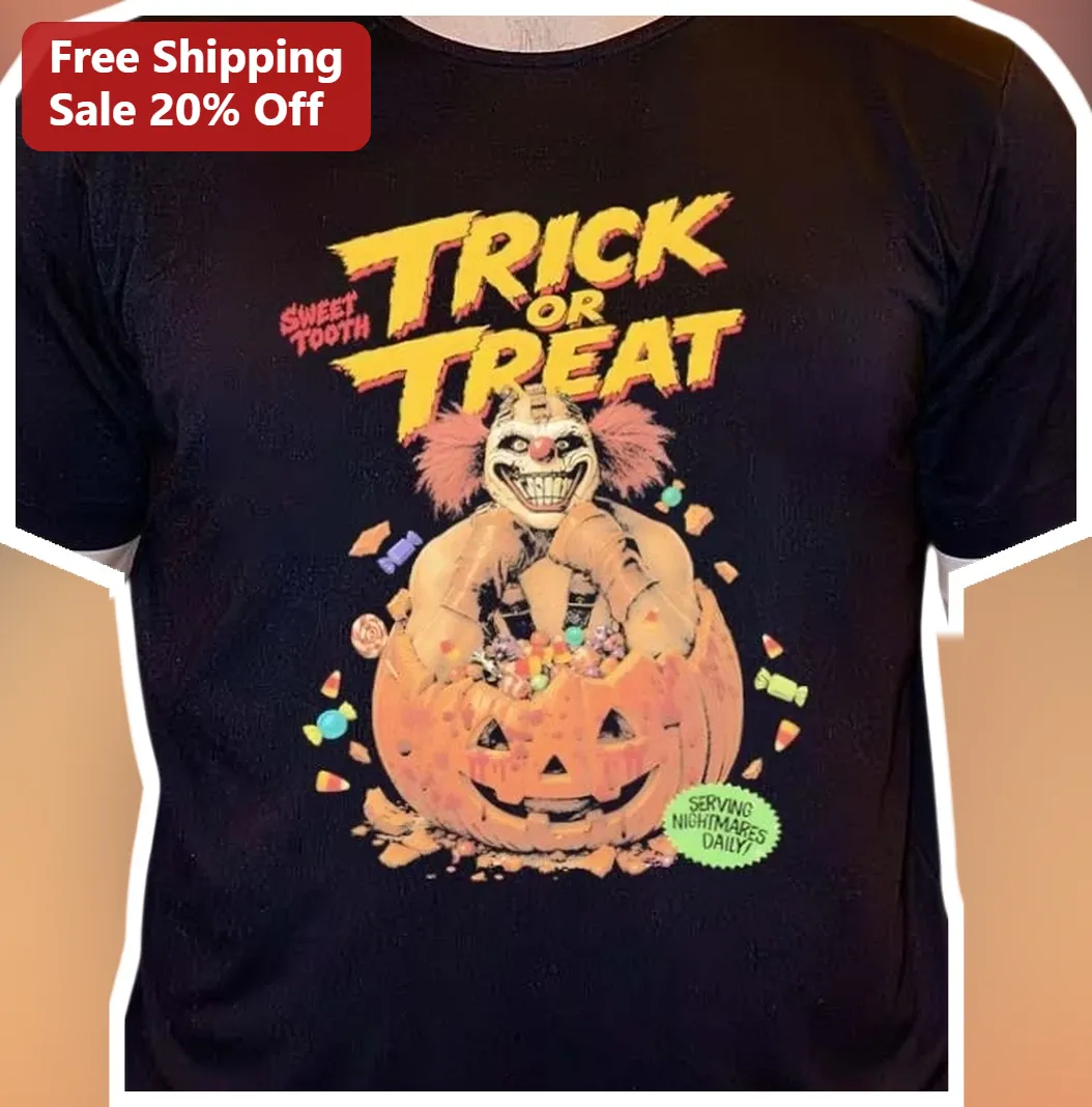 Sweet Tooth Trick or Treat Serving Nightmares Daily Art the Clown Horror Graphic Tee Halloween Gift