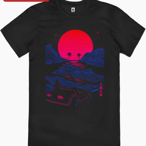 Customer in Chicago, Illinois wearing Synthwave Retro Car Tee Vaporwave Neon Grid Graphic T-Shirt