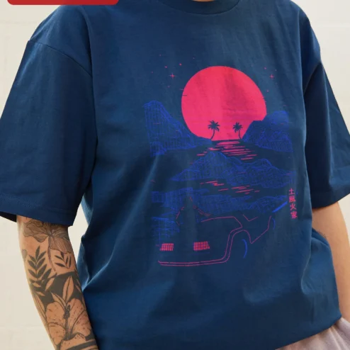 Close-up of Synthwave Retro Car Tee Vaporwave Neon Grid Graphic T-Shirt for streetwear fans in Chicago, Illinois
