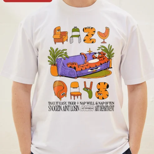 Customer in Chicago, Illinois wearing Take It Easy Tiger Tee Snoozin Aint Losin Nap Well Graphic Shirt