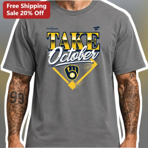 Take October Milwaukee Brewers Tee Baseball Playoff Fan Apparel Heather Grey Shirt