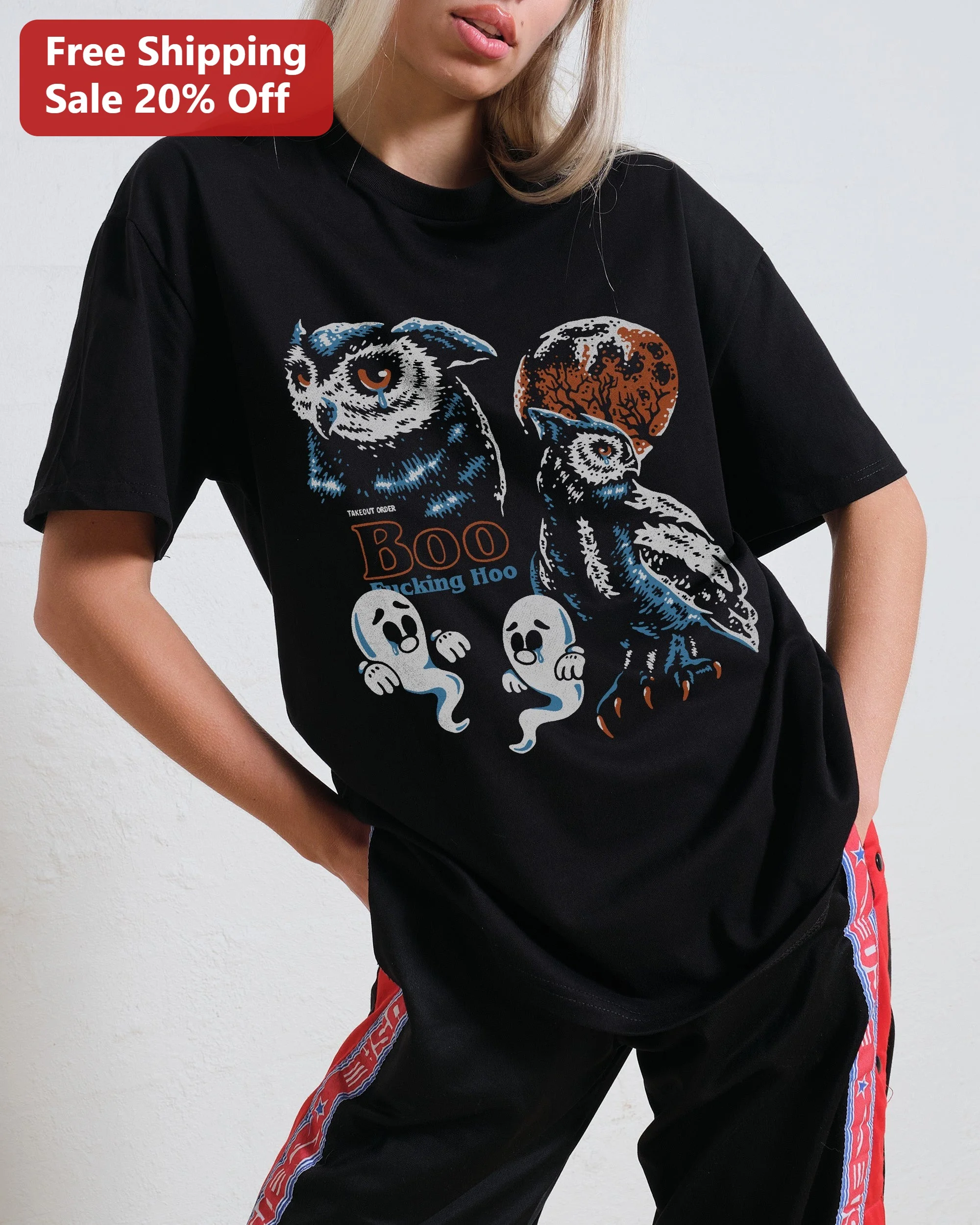Takeout Order Boo Fucking Hoo Vintage Halloween Owl Ghost Graphic Tee