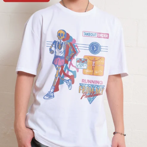 Takeout Order Running From My Problems Tee Funny Skeleton Runner Graphic Shirt on a hanger, ready to ship from Chicago, Illinois
