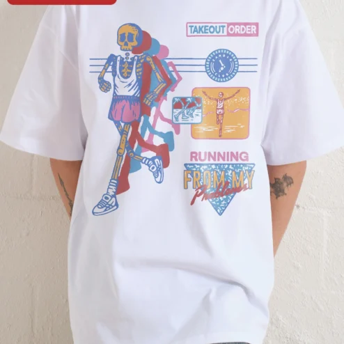 Takeout Order Running From My Problems Tee Skeleton Retro Graphic Shirt on a hanger, ready to ship from Chicago, Illinois