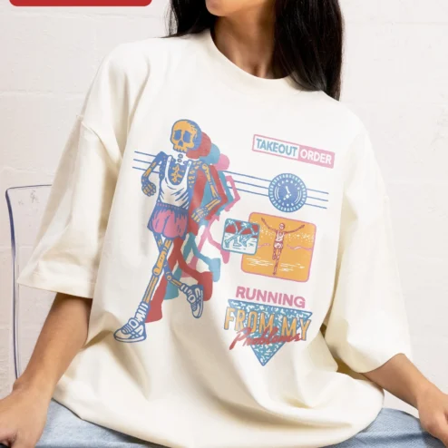 Takeout Order Running From My Problems Tee Skeleton Retro Graphic Shirt