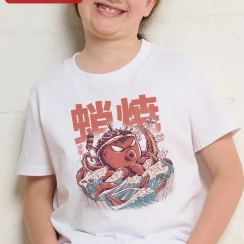 Takoyaki Octopus Kids Tee Japanese Food Art Graphic T-Shirt on a hanger, ready to ship from Chicago, Illinois