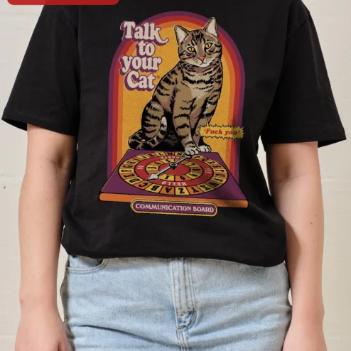 Talk to Your Cat Communication Board Funny Retro Tee for Cat Lovers on a hanger, ready to ship from Chicago, Illinois