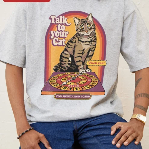 Customer in Chicago, Illinois wearing Talk to Your Cat Communication Board Funny Retro Tee for Cat Lovers