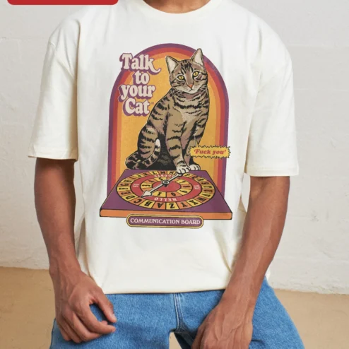 Close-up of Talk to Your Cat Communication Board Funny Retro Tee for Cat Lovers for streetwear fans in Chicago, Illinois