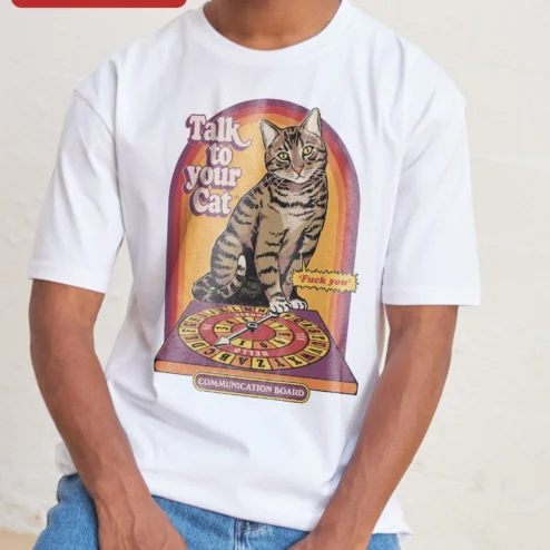 Customer in Chicago, Illinois wearing Talk to Your Cat Communication Board Funny Retro Tee for Cat Lovers