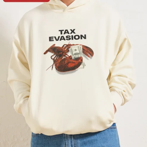 Tax Evasion Hoodie Funny Lobster Holding Money Graphic Pullover Gift for Accountants on a hanger, ready to ship from Chicago, Illinois