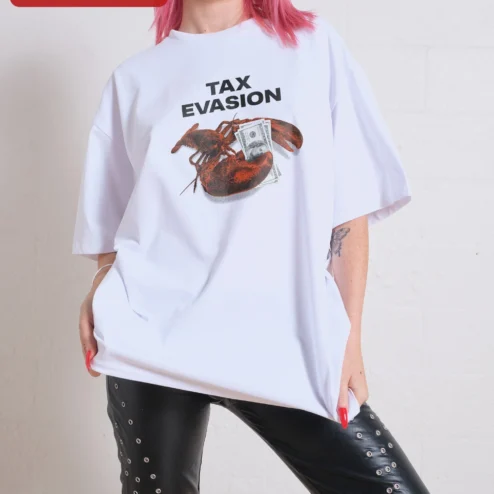 Tax Evasion Tee Funny Lobster Holding Money Graphic T-Shirt for Accountants and Dark Humor Fans on a hanger, ready to ship from Chicago, Illinois