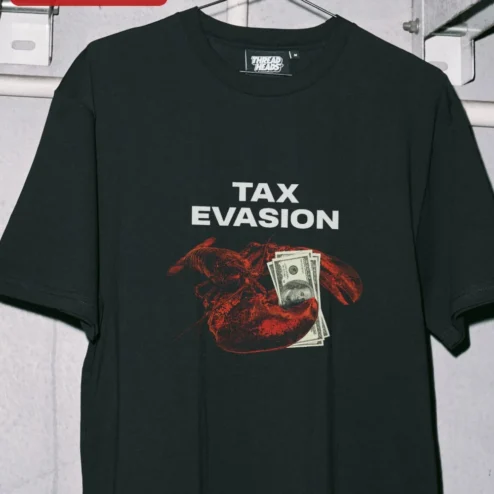 Customer in Chicago, Illinois wearing Tax Evasion Tee Funny Lobster Holding Money Graphic T-Shirt Satirical Seafood Pun Gift for Men Women