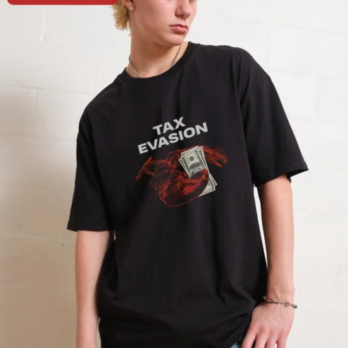 Close-up of Tax Evasion Tee Funny Lobster Holding Money Graphic T-Shirt Satirical Seafood Pun Gift for Men Women for streetwear fans in Chicago, Illinois