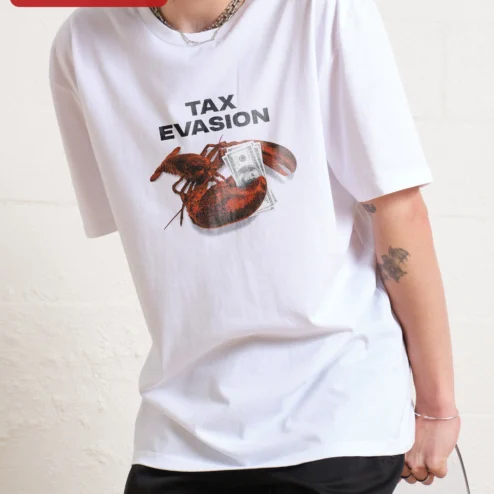 Close-up of Tax Evasion Tee Funny Lobster Holding Money Graphic T-Shirt Satirical Seafood Pun Gift for Men Women for streetwear fans in Chicago, Illinois