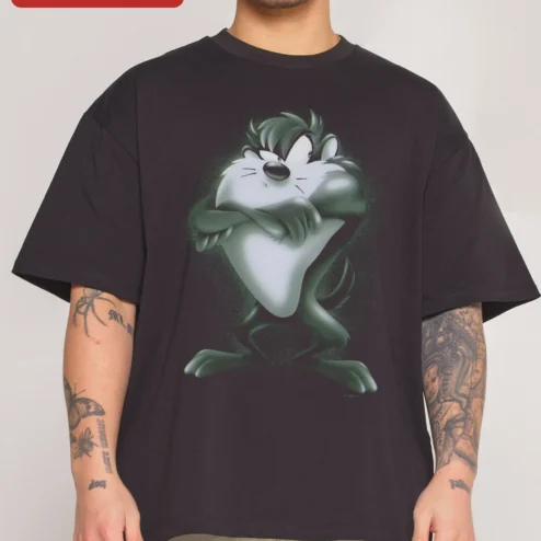 Taz Tee Vintage Looney Tunes Tasmanian Devil Airbrushed Graphic Oversized T-Shirt for Men Women on a hanger, ready to ship from Chicago, Illinois