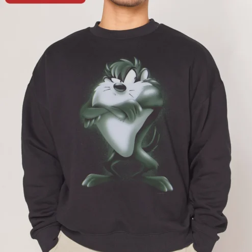 Taz Vintage Halftone Graphic Sweatshirt Looney Tunes Tasmanian Devil Crewneck Apparel on a hanger, ready to ship from Chicago, Illinois