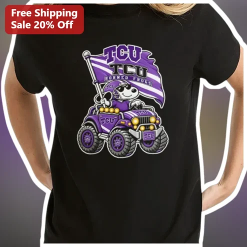 TCU Horned Frogs Snoopy Monster Truck Tee Texas Christian University College Football Fan Gift available at our Chicago, Illinois warehouse