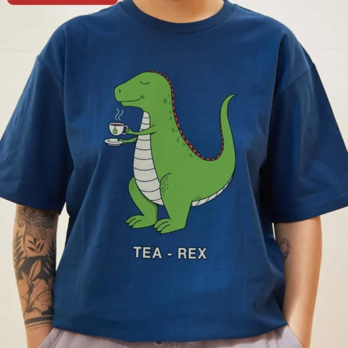 TEA REX Funny Dinosaur Tea Lover Graphic Tee for Men on a hanger, ready to ship from Chicago, Illinois