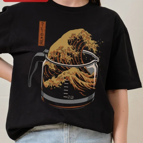 Tee Hokusai Coffee Wave Art Japanese Ukiyo-E Style Graphic T-Shirt Gift for Coffee Lovers on a hanger, ready to ship from Chicago, Illinois