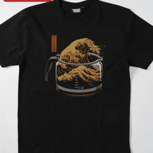 Customer in Chicago, Illinois wearing Tee Hokusai Coffee Wave Art Japanese Ukiyo-E Style Graphic T-Shirt Gift for Coffee Lovers
