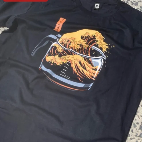 Close-up of Tee Hokusai Coffee Wave Art Japanese Ukiyo-E Style Graphic T-Shirt Gift for Coffee Lovers for streetwear fans in Chicago, Illinois