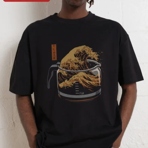 Tee Hokusai Coffee Wave Art Japanese Ukiyo-E Style Graphic T-Shirt Gift for Coffee Lovers available at our Chicago, Illinois warehouse