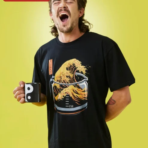 Close-up of Tee Hokusai Coffee Wave Art Japanese Ukiyo-E Style Graphic T-Shirt Gift for Coffee Lovers for streetwear fans in Chicago, Illinois