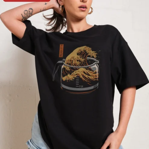 Customer in Chicago, Illinois wearing Tee Hokusai Coffee Wave Art Japanese Ukiyo-E Style Graphic T-Shirt Gift for Coffee Lovers