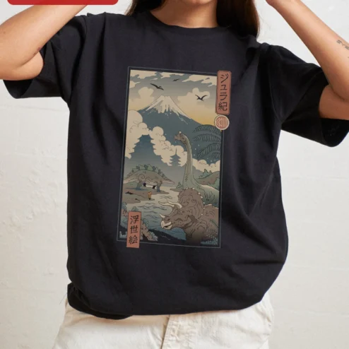 Tee Jurassic Ukiyo-e Dinosaur Graphic T-Shirt Japanese Art Style Gift