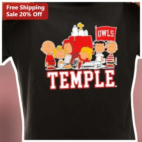 Temple University Owls Snoopy Graphic Tee Black Cotton Shirt
