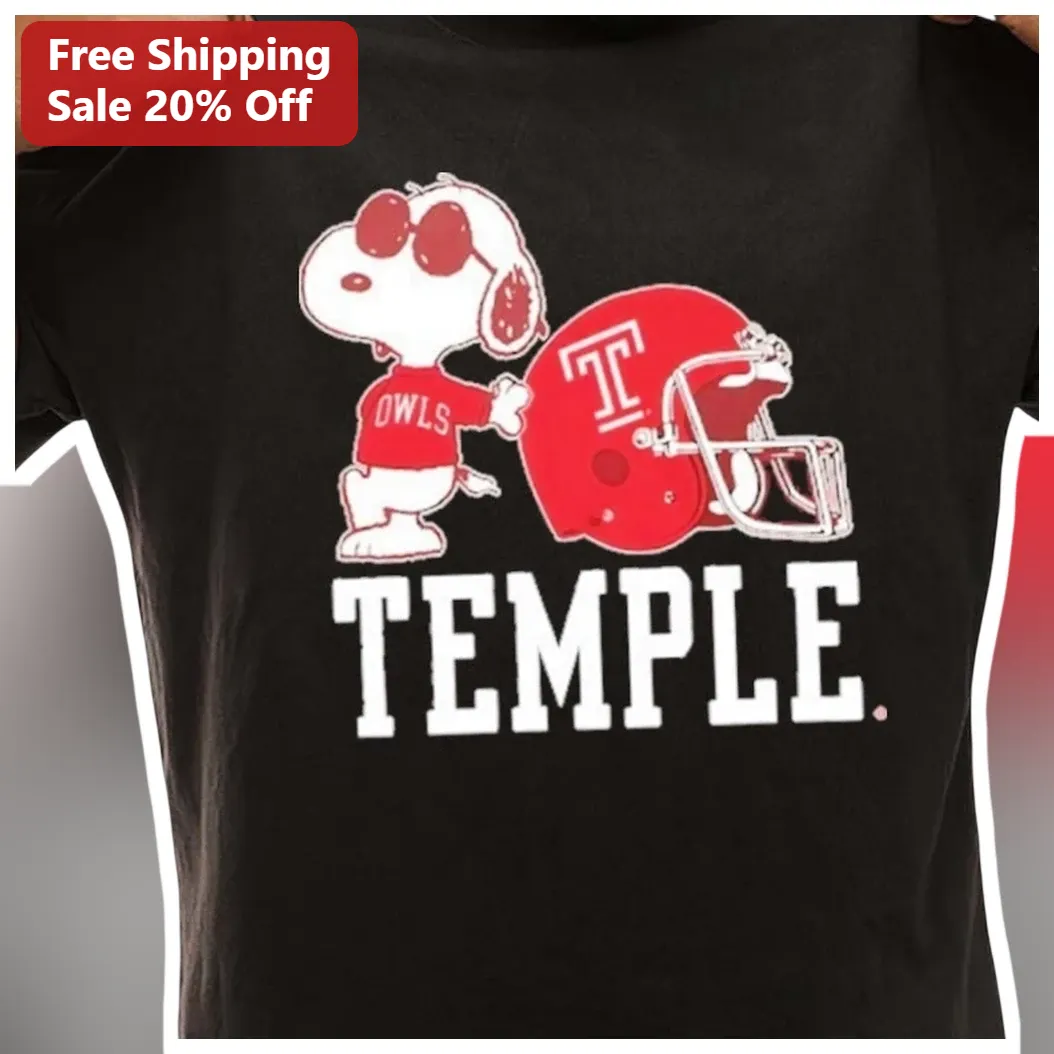 Temple University Snoopy Owls Football Tee Black Graphic T-Shirt College Fan Gift