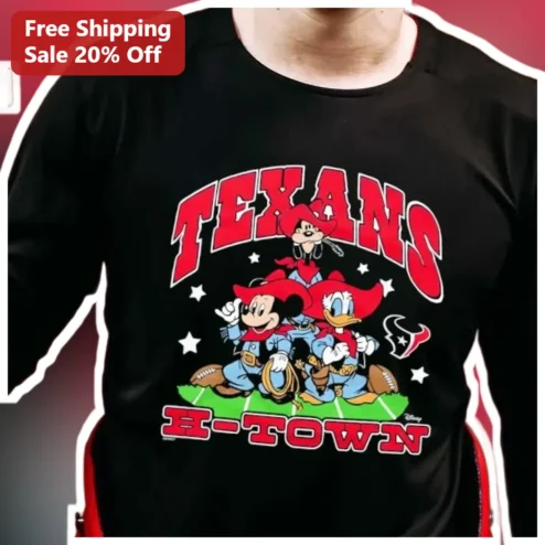 TEXANS H-TOWN Mickey Mouse Donald Duck Goofy Cowboy Tee Houston Texans NFL Fan Apparel
