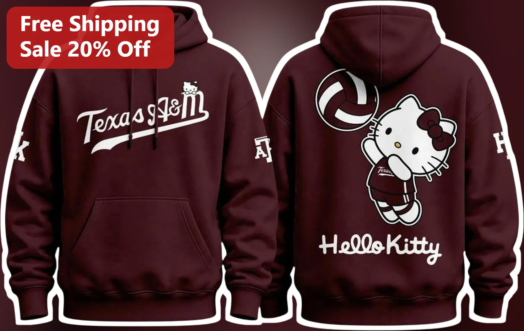 Texas A&M Hello Kitty Hoodie Cute Kawaii Collegiate Pullover for Aggies Fans