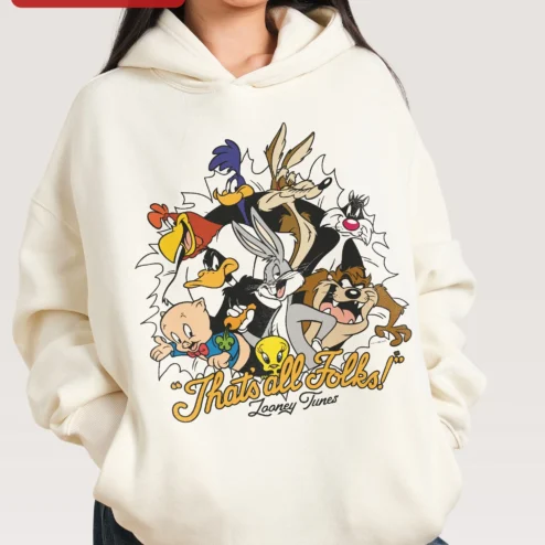 That's All Folks! Looney Tunes Hoodie Classic Cartoon Characters Pullover