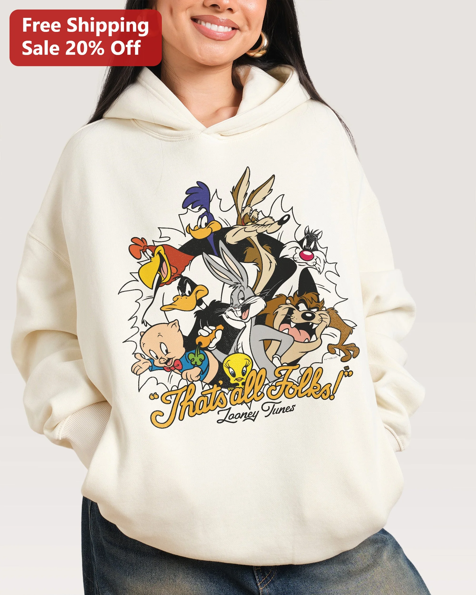 That's All Folks! Looney Tunes Hoodie Classic Cartoon Characters Pullover