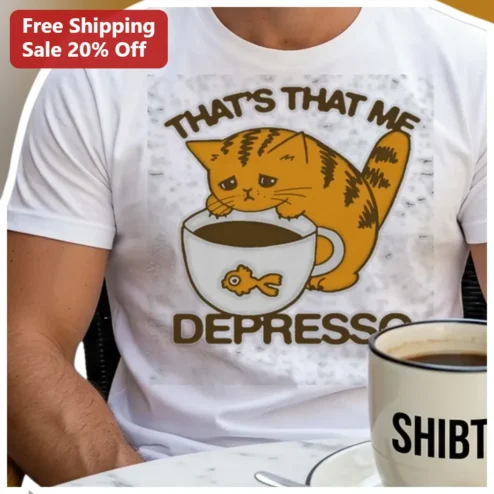 That's That Me Depresso Funny Cat Coffee Pun Graphic Tee