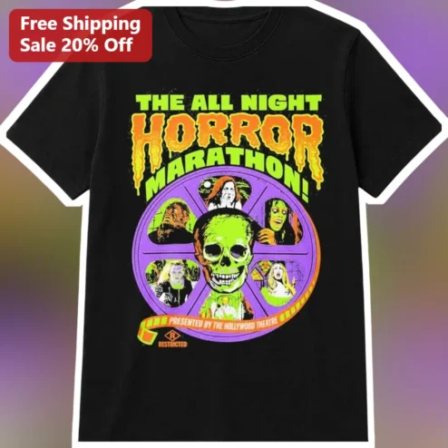 The All Night Horror Marathon Hollywood Theatre Tee Vintage Movie Monster Halloween Gift