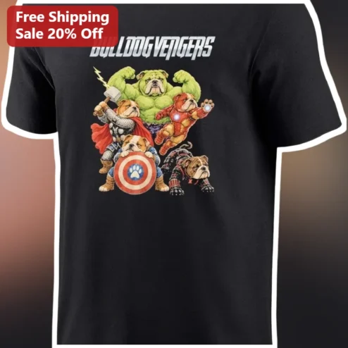 THE BULLDOGVENGERS Tee Bulldog Avengers Parody Graphic Shirt for Dog Lovers and Marvel Fans