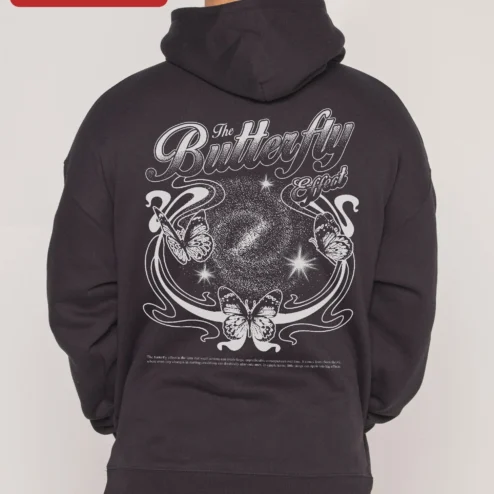 The Butterfly Effect Hoodie Vintage Script Graphic Pullover for Women on a hanger, ready to ship from Chicago, Illinois