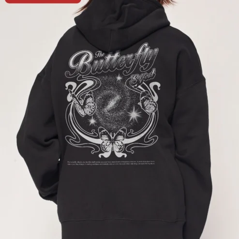 Close-up of The Butterfly Effect Hoodie Vintage Script Graphic Pullover for Women for streetwear fans in Chicago, Illinois